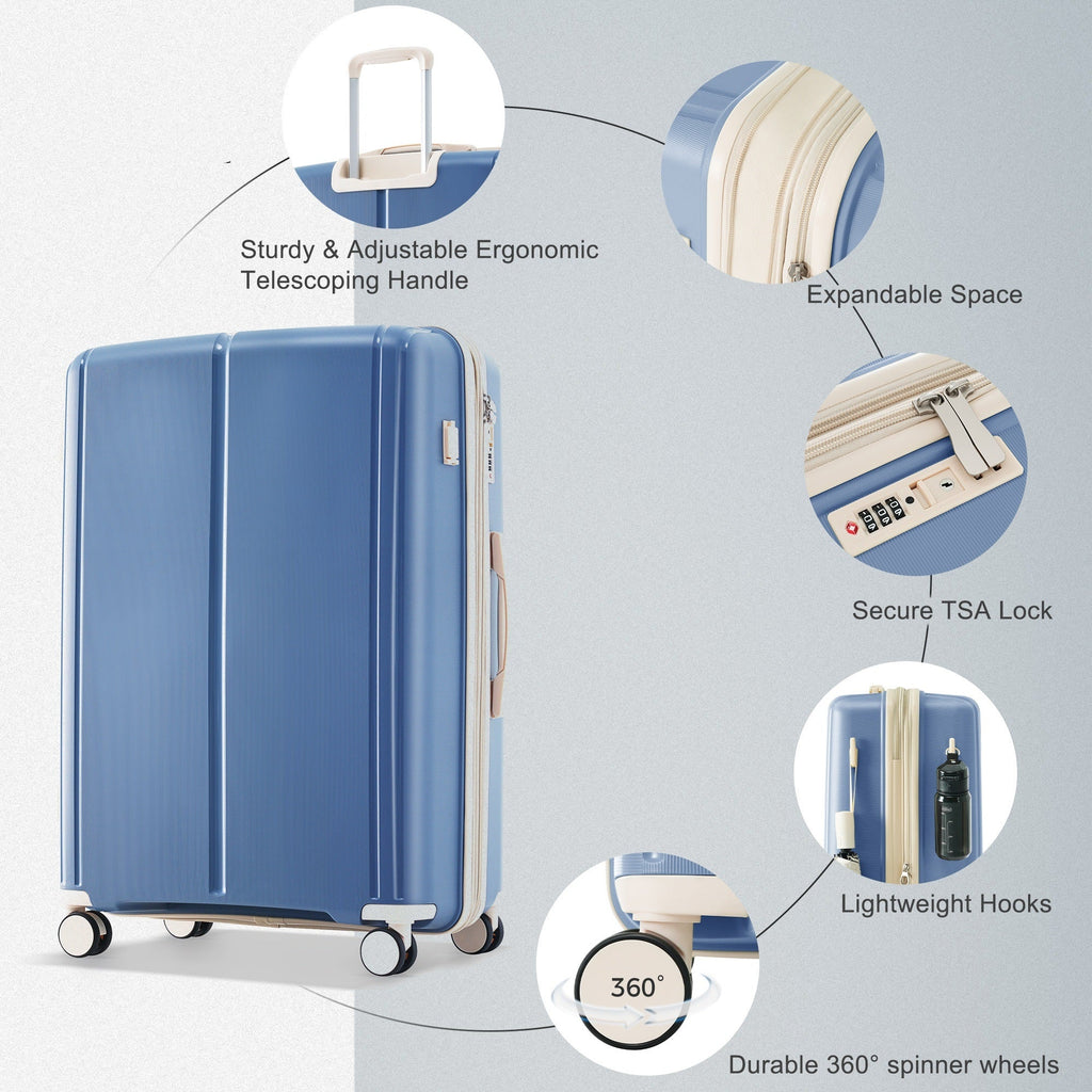 Luggage Sets 3 Piece Suitcase Set 20/24/28 with USB Port,Carry on Luggage Airline Approved,PP Lightweight Suitcase with Spinner Wheels, Blue and Ivory - Top Travels
