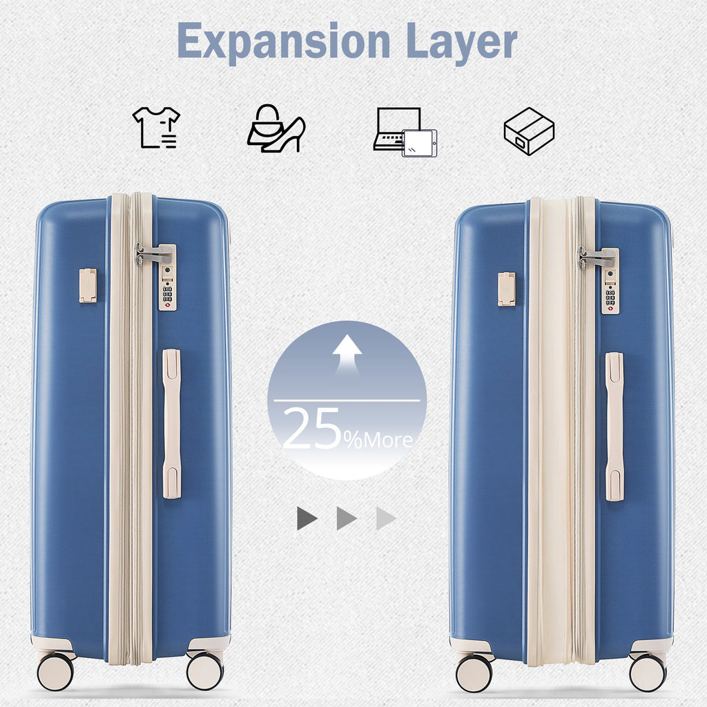 Luggage Sets 3 Piece Suitcase Set 20/24/28 with USB Port,Carry on Luggage Airline Approved,PP Lightweight Suitcase with Spinner Wheels, Blue and Ivory - Top Travels