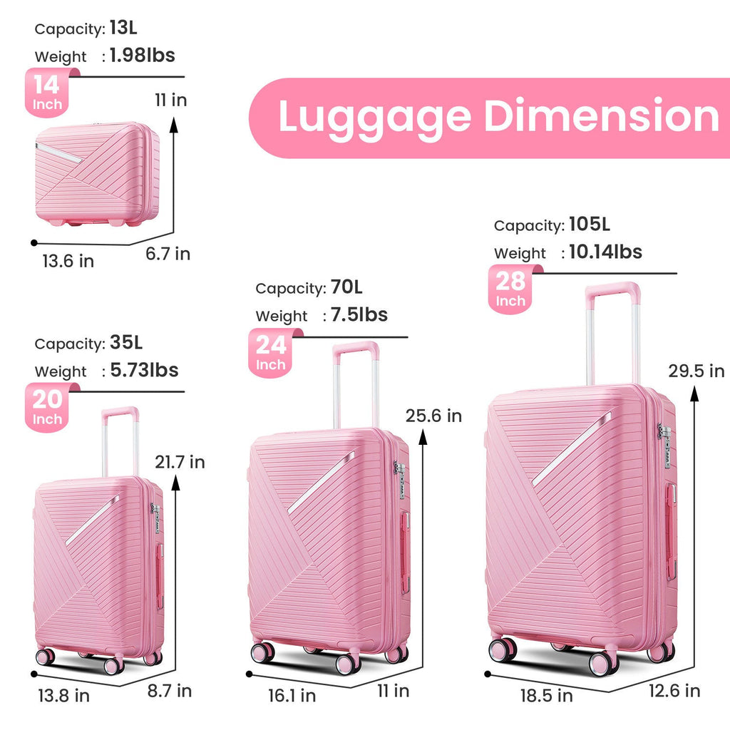 Luggage Sets 4 Piece(14/20/24/28), Expandable Lightweight Suitcase with 4 Double 360 Degrees Mute Spinner Wheels PP Materials Durable TSA Lock Travel Luggage - Top Travels