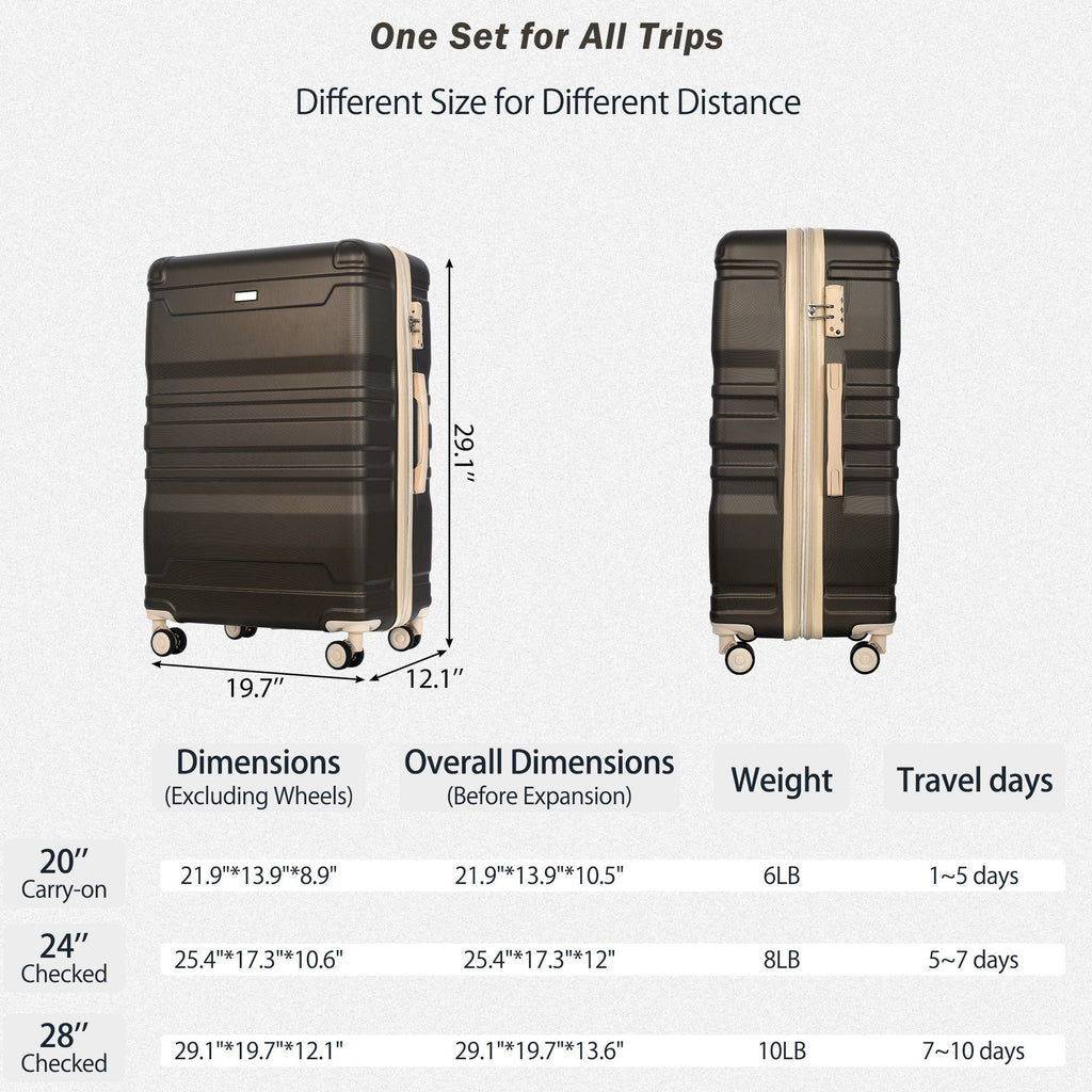 Luggage Sets New Model Expandable ABS Hardshell 3pcs Clearance Luggage Hardside Lightweight Durable Suitcase sets Spinner Wheels Suitcase with TSA Lock 20''24''28''(brown) - Top Travels